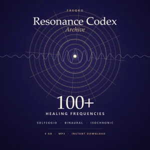 Resonance Codex Archive cover: nine gold rings around a sound wave, 100+ healing frequencies, Solfeggio, binaural and isochronic MP3 download