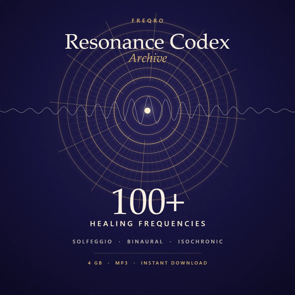 Resonance Codex Archive cover: nine gold rings around a sound wave, 100+ healing frequencies, Solfeggio, binaural and isochronic MP3 download
